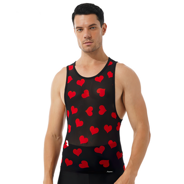 Fashion Summer Streetwear For Men / Heart Print See-Through Mesh Tank Top - EVE's SECRETS